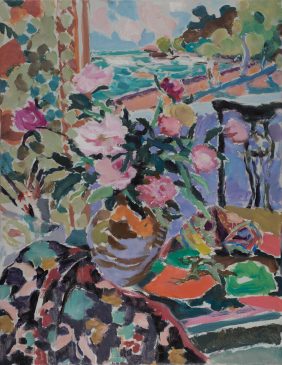 Still Life with Peonies and Colour Cards (HG1135) Oil on Canvas 36