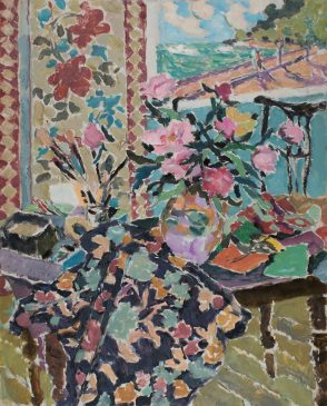 Still Life with Peonies and Screen (HG1140) Oil on Canvas 42