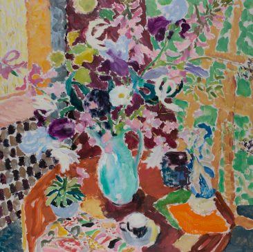 Irises, Blue Jug and Colour Cards (HG1149) Oil on Canvas 42