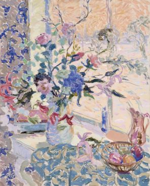 Flowers by the Window, Evening Light, Snow Outside (HG1029) Oil on Canvas 42