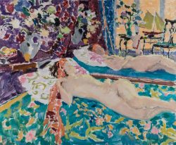 large oil painting of nude figure with reflection and colourful textiles