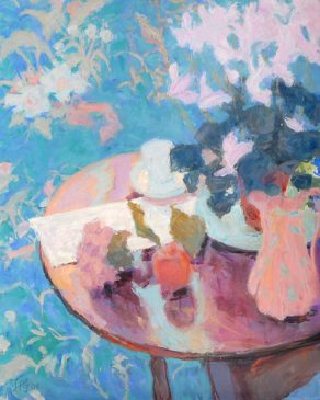 Still Life with Cyclamen & Blue Background (HG705) Oil on Canvas 30