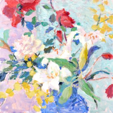 Still Life with Lillies and Blue Vase (HG737) Oil on Canvas 24