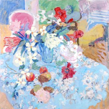 Still Life with Flowers and Blue Chintz (HG754) Oil on Canvas 42