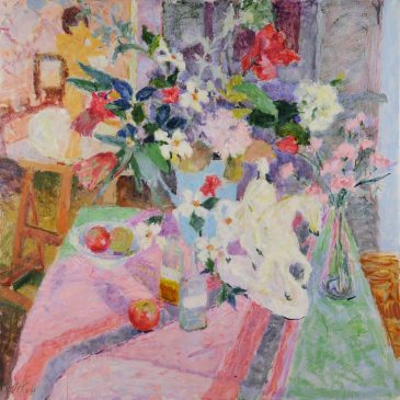 Still Life with Equestrian Figure and Flowers (HG791) Oil on Canvas 42