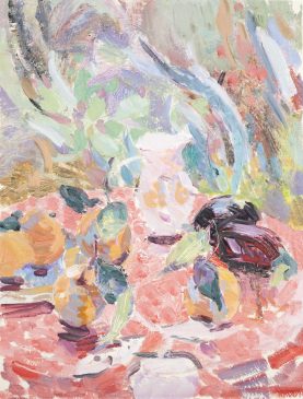 Still Life with Aubergine, Jug and Cactus (HG896) Oil on board 18