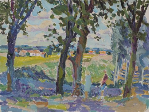 Summer Cyclists Looking Towards Sunflower Fields (HG926) Oil on canvas 23