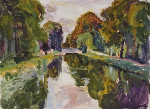 Walkers along Canal Path, Lateral (HG932) Oil on board 19