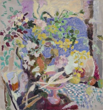 Still Life with Flowers, Quills and Chequered Cloth (HG941) Oil on Canvas, 36