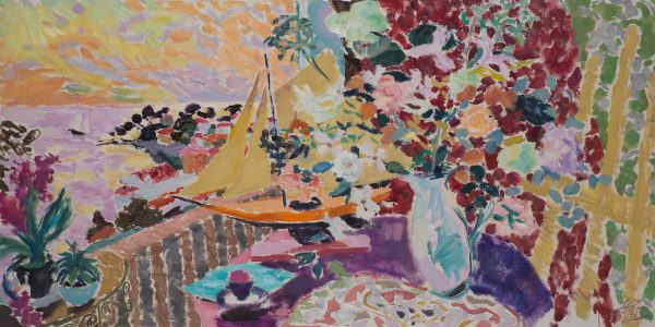 Still Life with Jug of Flowers, Sailing Boat and View of Bandol I (HG1157) Oil on Canvas 30