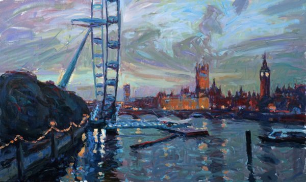 Winter Dusk, The Thames from Hungerford Bridge (HG507) Oil on Canvas 24