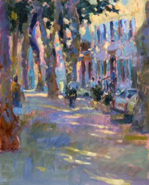 Outside the Boulangerie, Chalabre (HG357) Oil on Board 18