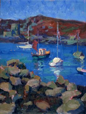 Cromwell's Tower from Bryher (HG388) Oil on Board 15